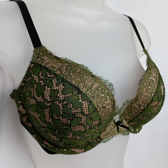 Victoria's Secret DarkRomantic Fairy Grunge Sexy Green Black Lace 34D Pushup Bra - Picture 3 of 7